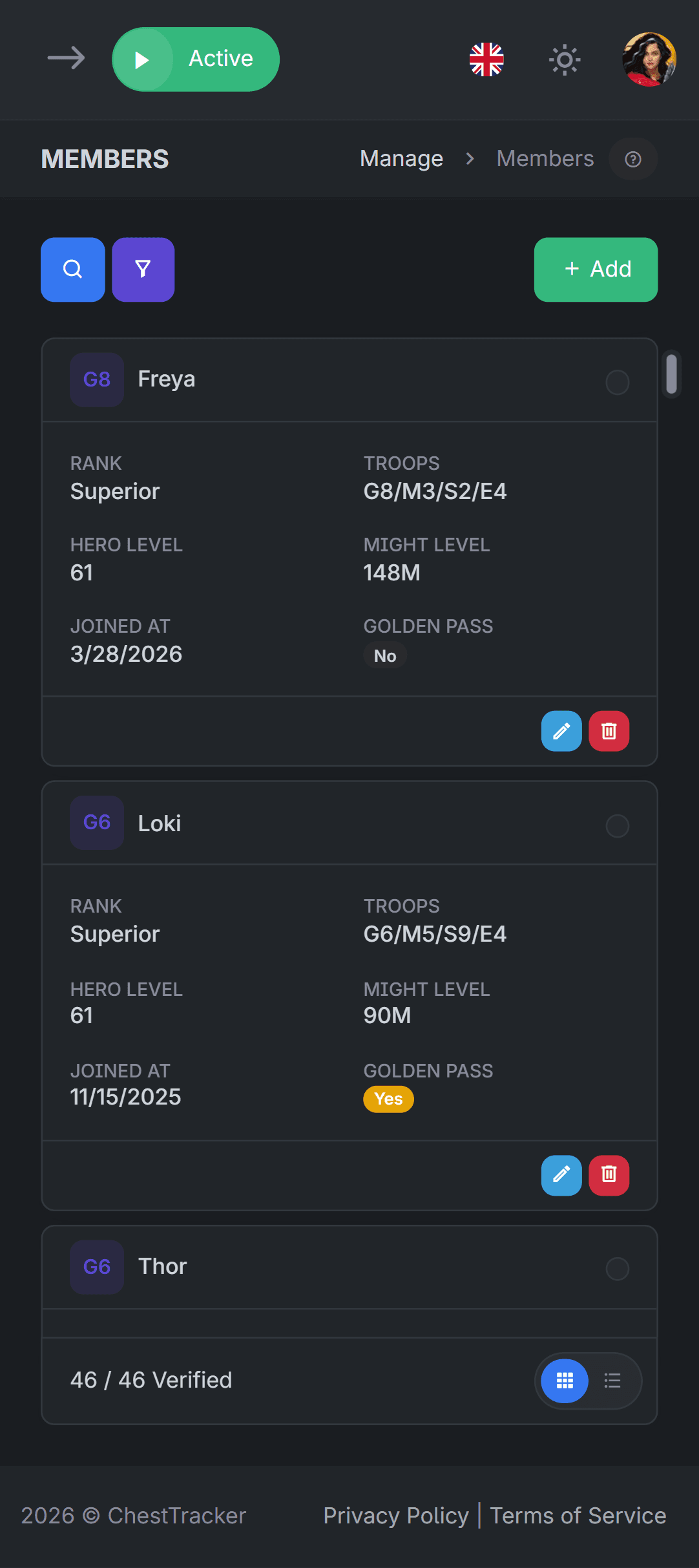Clan member list with the edit form for one member