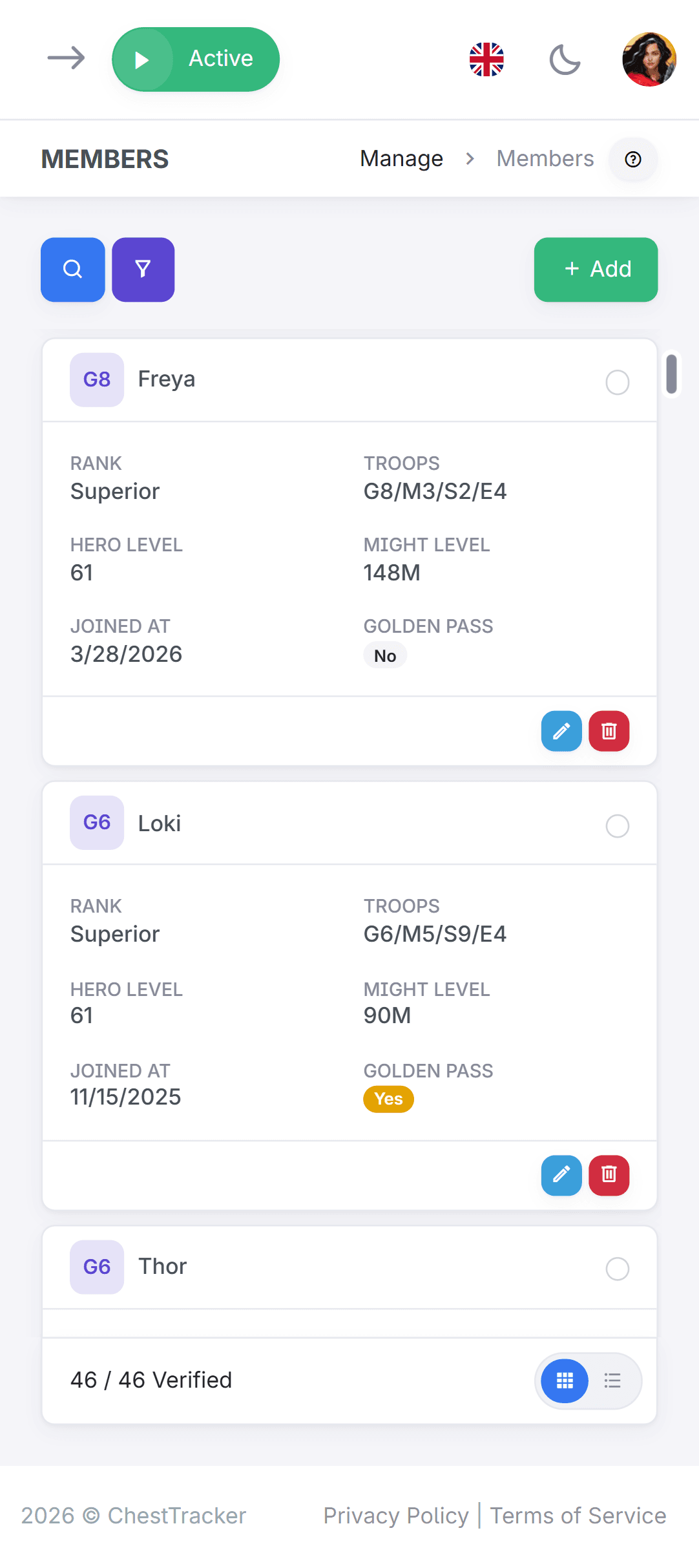 Clan member list with the edit form for one member